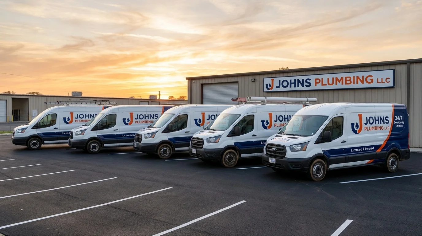 Johns Plumbing LLC fleet of service vans ready for dispatch across New Mexico